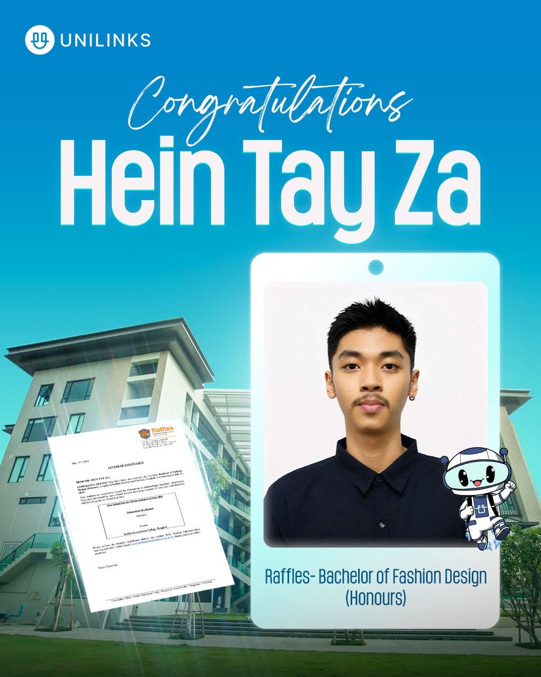 Hein Tay Za — Enrolled at Raffles International College, Bangkok, Bachelor of Fashion Design (Honours)