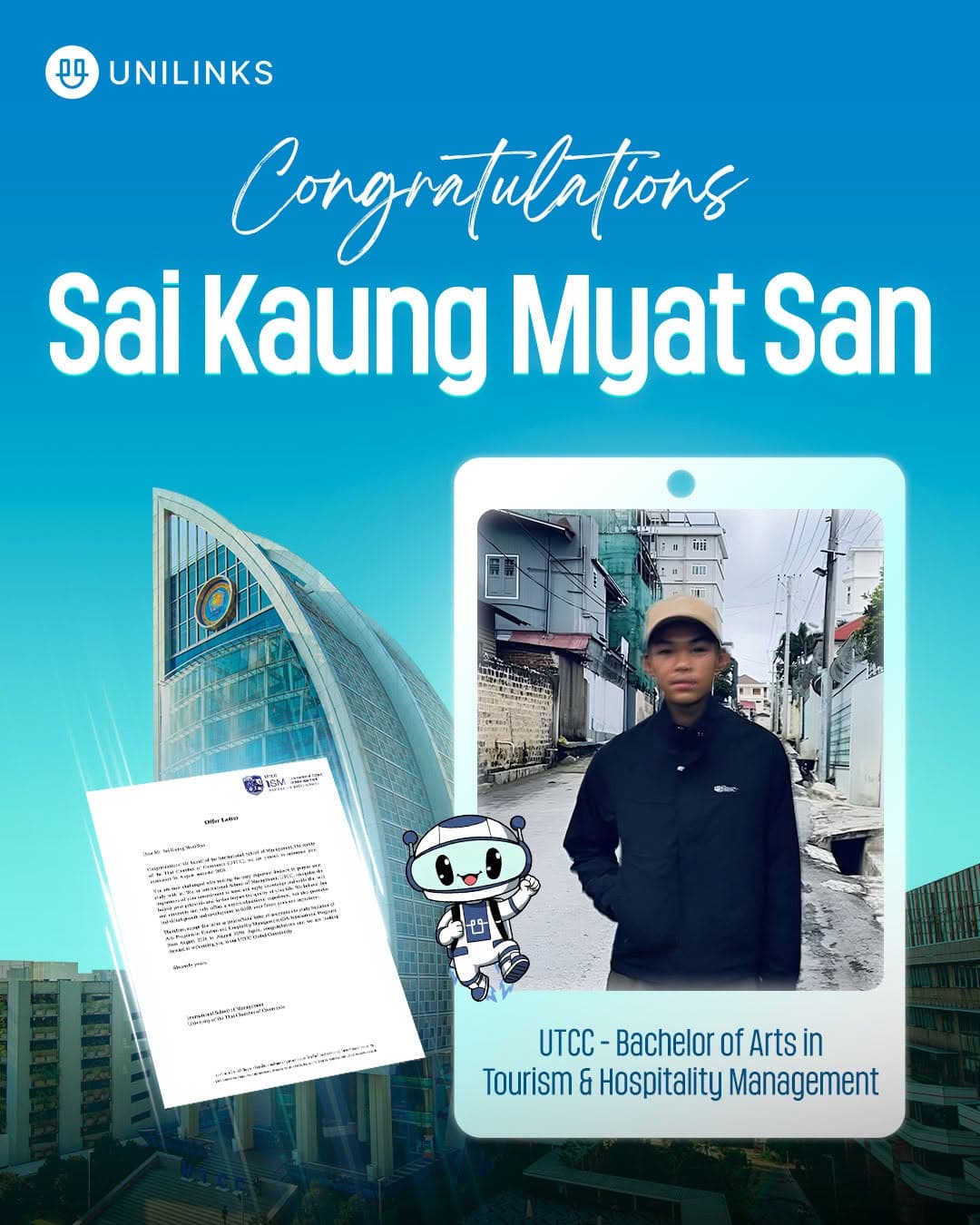 Sai Kaung Myat San — Enrolled at UTCC — University of the Thai Chamber of Commerce, Bachelor of Arts in Tourism & Hospitality Management